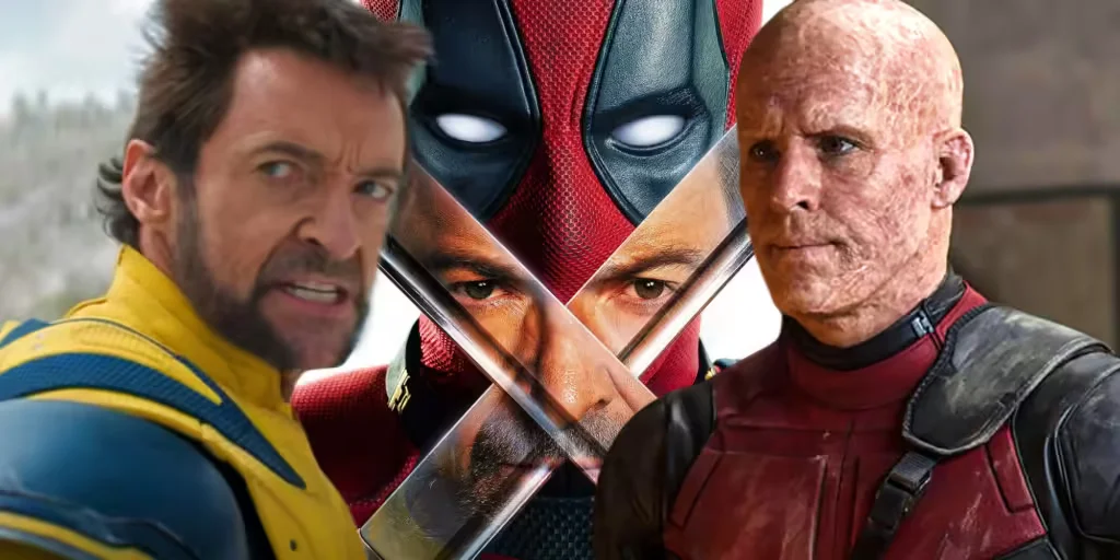 Three characters from a superhero film are featured: one in a yellow and blue suit with a fierce expression, another wearing a red and black mask with swords crossed, and the third with a disfigured face in a similar red suit.