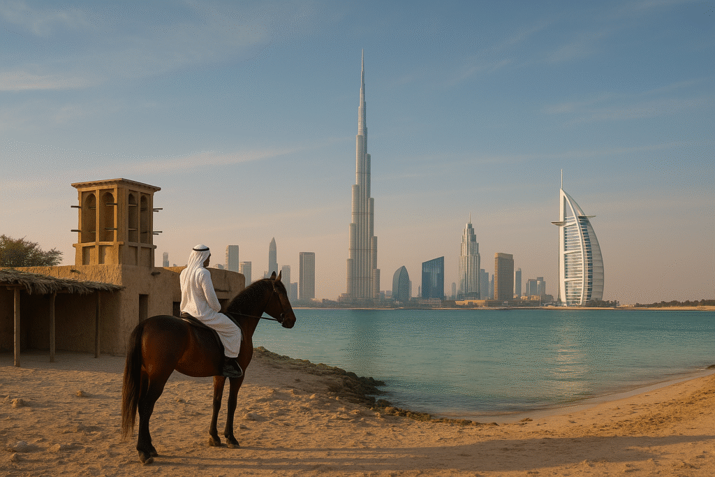 A man in traditional Arabian attire sits on a horse by a sandy shore, overlooking the Dubai skyline with the Burj Khalifa and Burj Al Arab prominently visible.