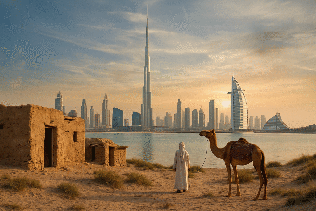 A person in traditional attire stands with a camel on a sandy area overlooking a modern cityscape featuring the Burj Khalifa and Burj Al Arab across a body of water, with a sunset sky in the background. The picture explains Dubai then and now.