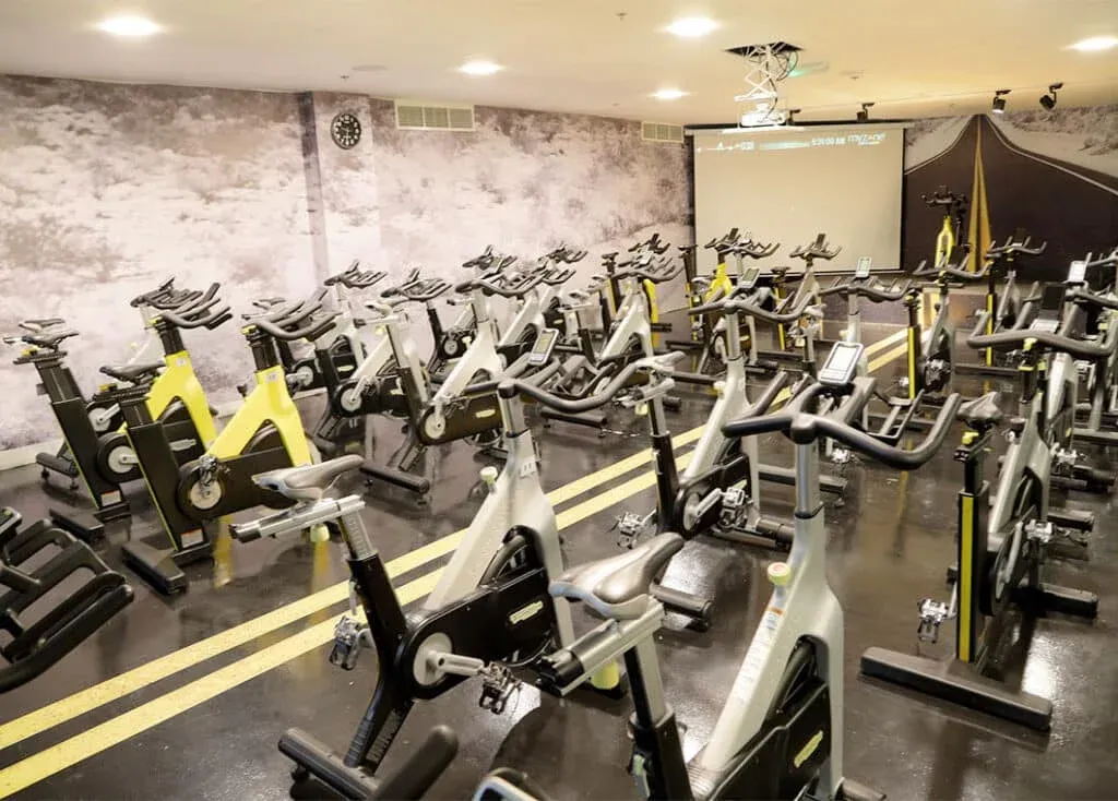 A spin studio with multiple stationary bikes arranged in rows facing a large screen, decorated with wall art depicting a road under a cloudy sky.