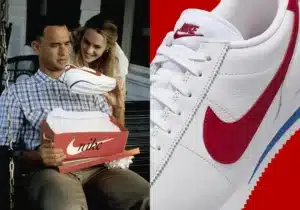 A split image of a man on a porch holding a Nike shoe box with a white sneaker featuring a red swoosh, alongside a close-up of a Nike sneaker with a red swoosh on a red background.