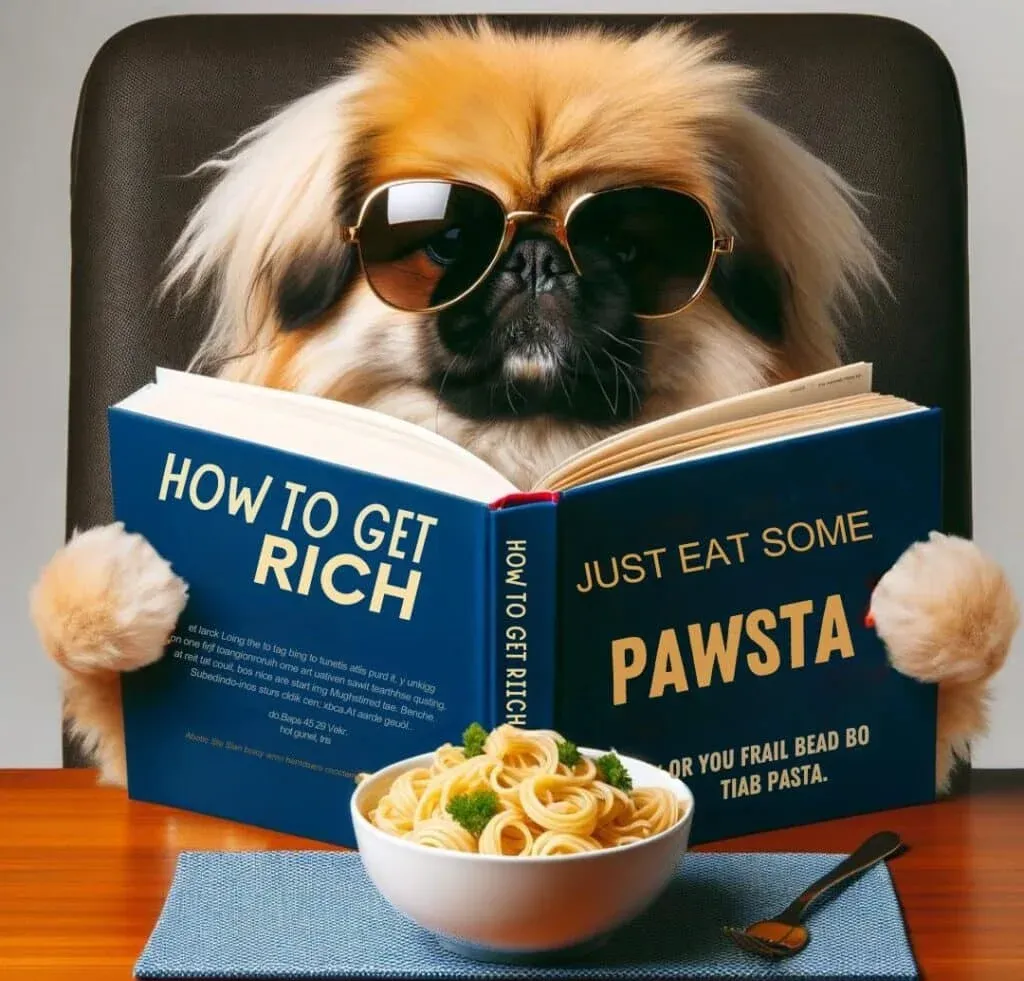 A dog wearing sunglasses sits at a table, reading a book titled