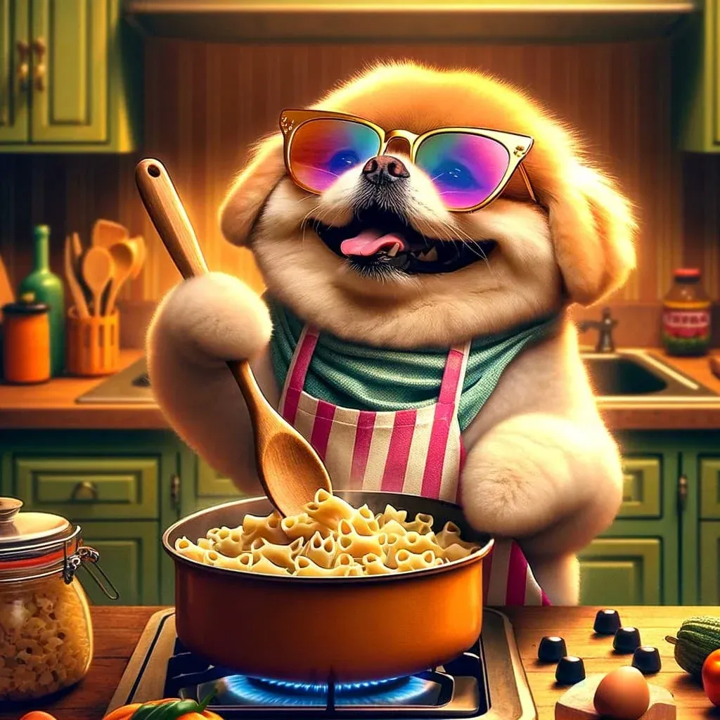 A cute dog wearing rainbow sunglasses and a striped apron stirs macaroni in a pot on a kitchen stove, surrounded by cooking utensils and ingredients.