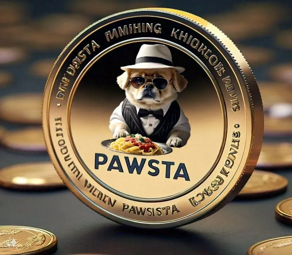 A digital coin design featuring a dog dressed in a suit and hat, wearing sunglasses, with a plate of pasta in front of it. The text 'PAWSTA' is displayed prominently below the image. The coin has a border with illegible text surrounding the central image.