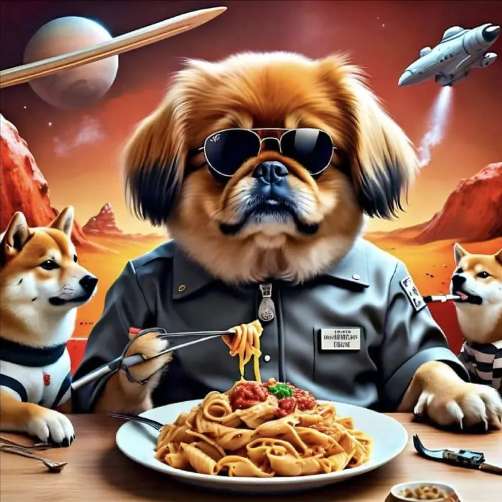 A dog wearing sunglasses and a futuristic jacket is eating spaghetti with a fork in what appears to be a sci-fi setting. The background features planets, spaceships, and a red rocky landscape. Two other dogs sit nearby, one holding a cigarette.