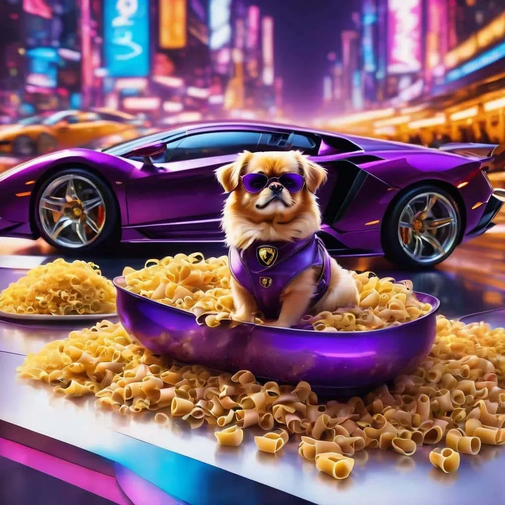 A dog wearing sunglasses and a purple jacket is sitting in a large purple bowl filled with pasta, in front of a purple sports car on a vibrant city street.