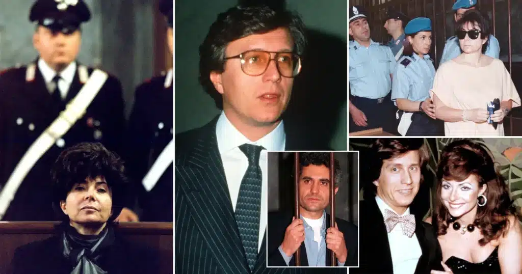 A collage of images featuring an older woman in a courtroom, a man in a suit wearing glasses, two women escorted by police officers, a man behind bars, and a couple posing together dressed formally.
