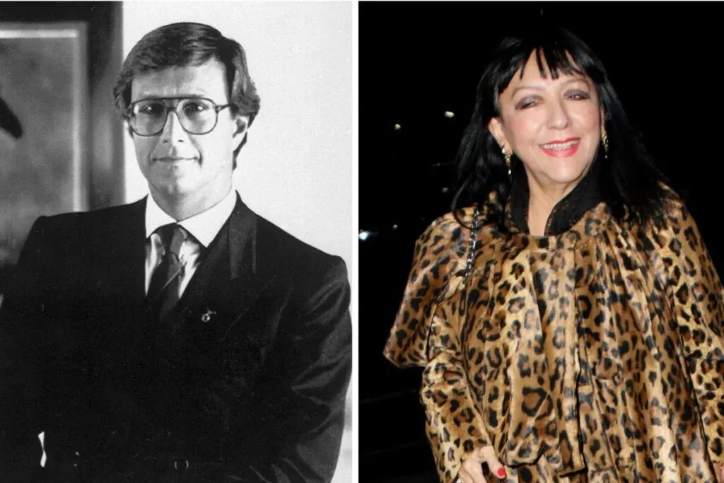 A black-and-white image on the left shows a man in a suit and glasses. On the right, a color image of a woman wearing a leopard print coat, smiling at the camera.