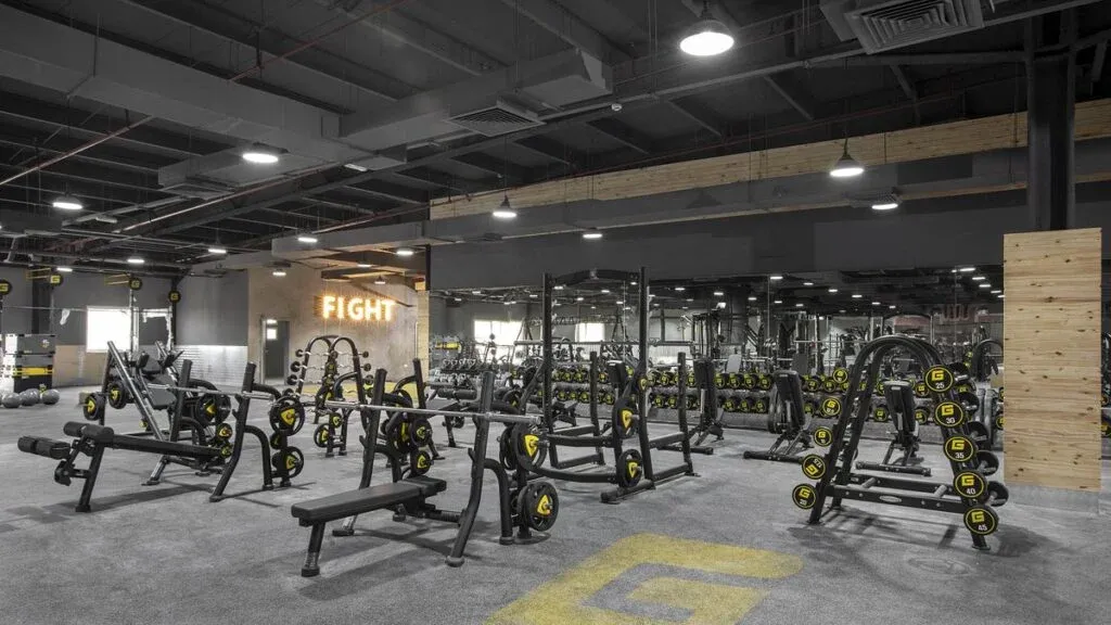 A modern gym interior featuring a variety of weightlifting equipment, including racks of dumbbells and benches, with a neon