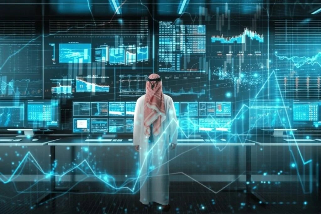 A person wearing traditional Middle Eastern attire stands in front of multiple large computer screens displaying various financial data and charts in a futuristic setting.