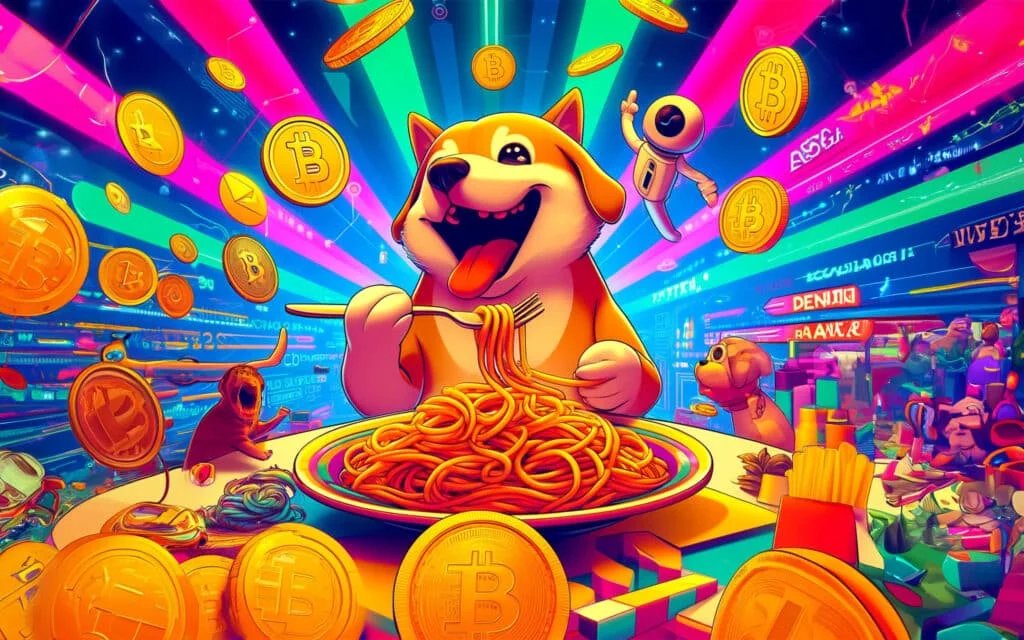 A cartoon dog joyfully eating a plate of spaghetti surrounded by flying cryptocurrency coins, glowing neon colors, and a futuristic setting with vibrant lights and digital screens.