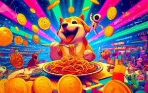 A cartoon dog joyfully eating a plate of spaghetti surrounded by flying cryptocurrency coins, glowing neon colors, and a futuristic setting with vibrant lights and digital screens.