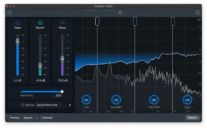 A digital audio processing interface showing sliders labeled Voice, Reverb, and Noise with respective dB levels, alongside a frequency graph divided into Low, Low Mid, High Mid, and High frequency bands.