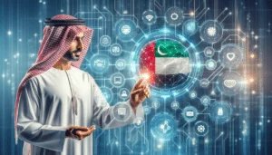 A man in traditional Middle Eastern attire interacts with a digital interface displaying a sphere colored with the UAE flag, surrounded by various technology and internet icons.