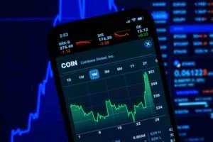 A smartphone displaying a stock chart for Coinbase Global, Inc., with a graph showing price fluctuations over a one-month period. The background shows blurred financial data and stock prices on a screen.