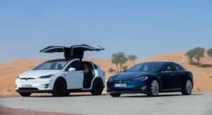 Two Tesla cars parked on a paved area in a desert, with the white Tesla Model X having its falcon-wing doors open, and a blue Tesla Model S beside it, under a clear blue sky.