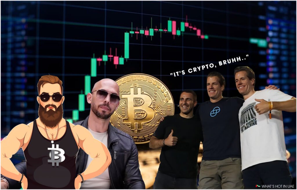 A collage featuring a cartoon muscleman wearing sunglasses and a tank top with a Bitcoin symbol, a man in sunglasses and a leather jacket, a large Bitcoin coin, and three people posing together against a background of a financial chart. The words "It's crypto, bruhh.." are visible at the top. A flag with the text "WHAT'S HOT IN UAE" is at the bottom corner.