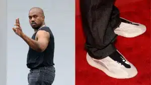 A man in a black sleeveless top and jeans gestures with his hand; next to this, a close-up of feet wearing stylish sneakers on a red carpet.