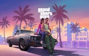 Illustration of two characters leaning on a vintage car in a vibrant, stylized cityscape with palm trees and colorful buildings, under a sunset sky. The title "Grand Theft Auto" appears in the background.