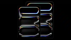Two overlapping rectangles with a metallic, glossy surface featuring vibrant multicolored highlights on a black background.