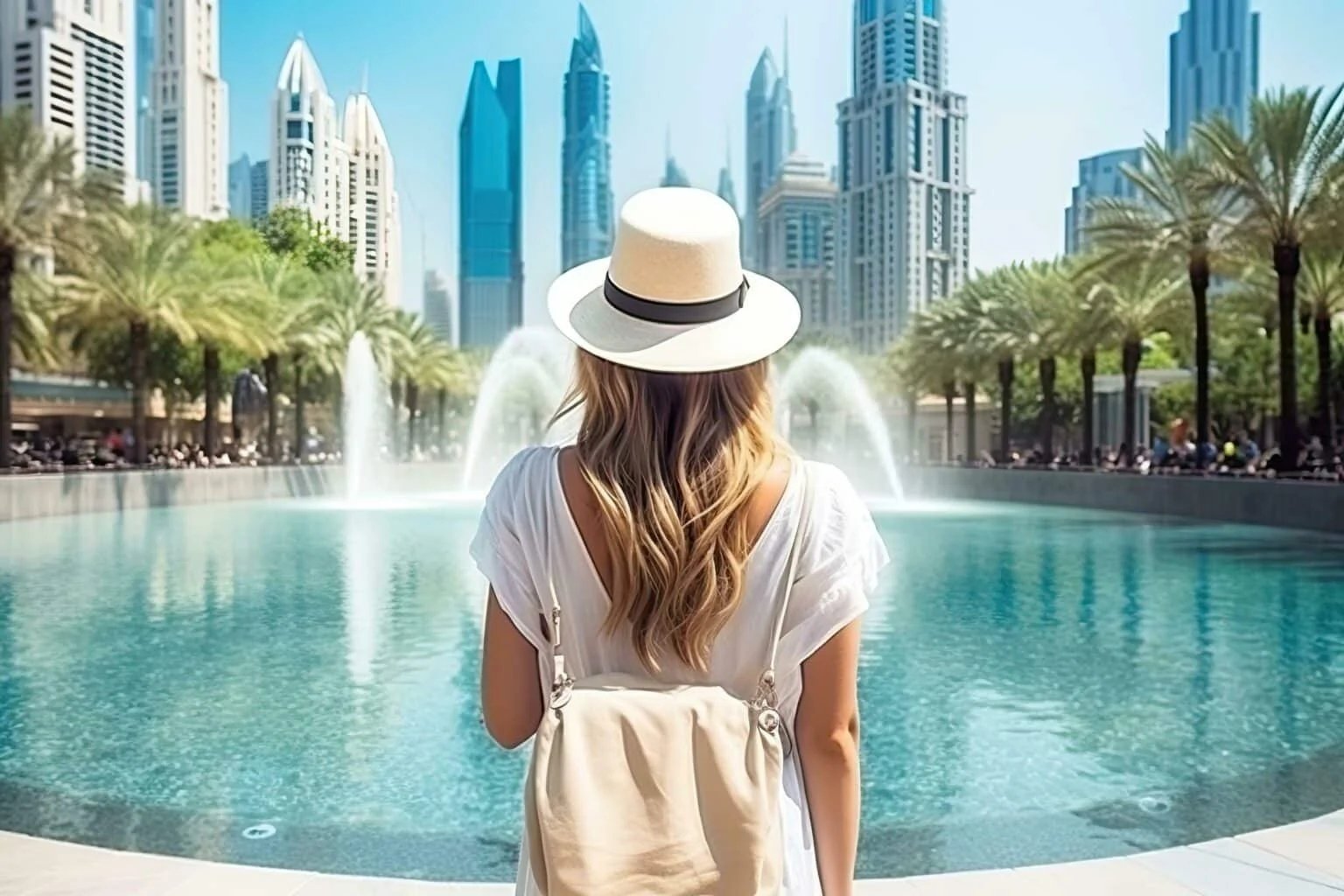 A woman wearing a white hat and backpack stands in front of a pool with fountains, overlooking a skyline of modern skyscrapers and palm trees.