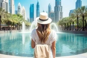 A woman wearing a white hat and backpack stands in front of a pool with fountains, overlooking a skyline of modern skyscrapers and palm trees.