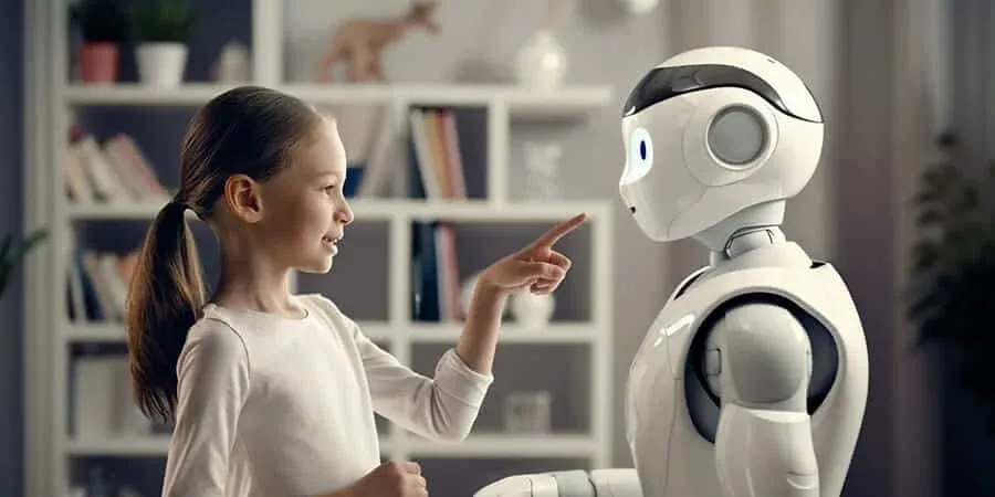 A young girl playfully interacts with a humanoid robot in a cozy room with bookshelves in the background.