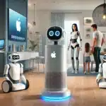 DALL·E 2024 06 21 08.56.49 A realistic image depicting Apples robotics ambitions in pioneering home automation. Show a modern home interior with sleek Apple branded robots per
