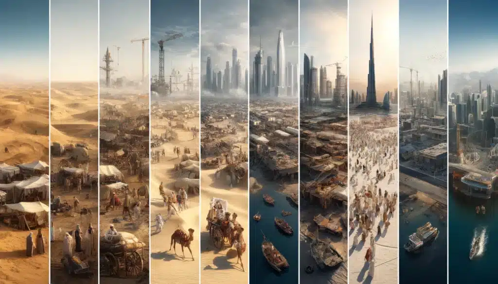 A series of vertical panels depicting the transformation of a desert landscape into a modern cityscape, showing stages such as early tents and caravans, mid-construction skyscrapers, and a bustling urban environment with boats in the foreground.