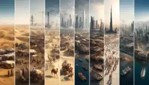 A series of vertical panels depicting the transformation of a desert landscape into a modern cityscape, showing stages such as early tents and caravans, mid-construction skyscrapers, and a bustling urban environment with boats in the foreground.