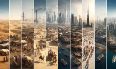 DALL·E 2024 06 04 15.03.44 A series of photo realistic images capturing the journey through the history and transformation of the UAE. Image 1  A historic desert scene with Bedo