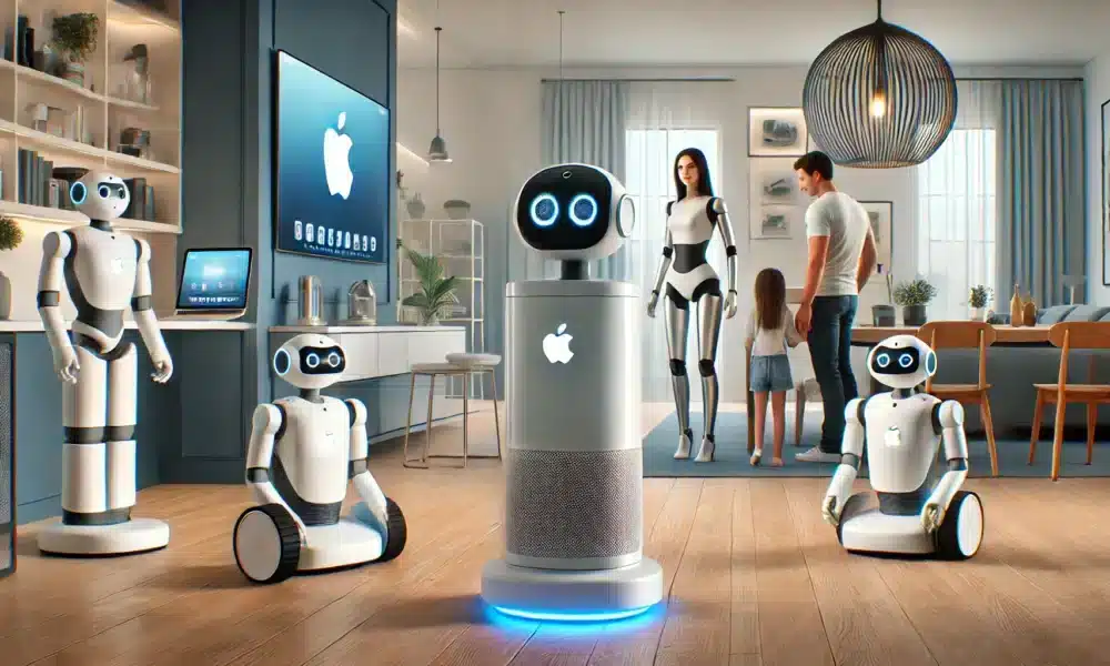DALL·E 2024 06 21 08.56.49 A realistic image depicting Apples robotics ambitions in pioneering home automation. Show a modern home interior with sleek Apple branded robots per