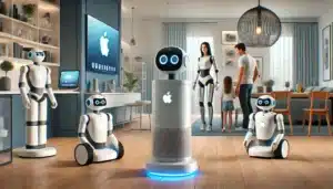A modern living room featuring humanoid robots with glowing eyes and Apple logos. A standing robot, a cylinder-shaped robot on wheels, and two seated robots are present. A man and a child are in the background near a tall, human-like robot. A large screen with the Apple logo is mounted on the wall.