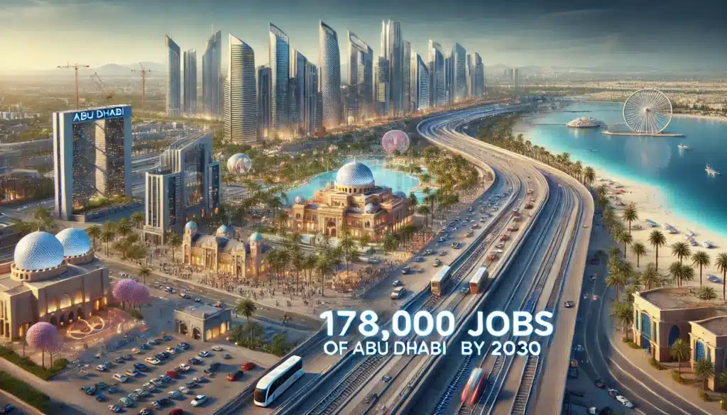 Futuristic cityscape of Abu Dhabi featuring modern skyscrapers, a coastal highway, lush green areas, and a Ferris wheel near the shoreline. The text "178,000 jobs of Abu Dhabi by 2030" is prominently displayed.