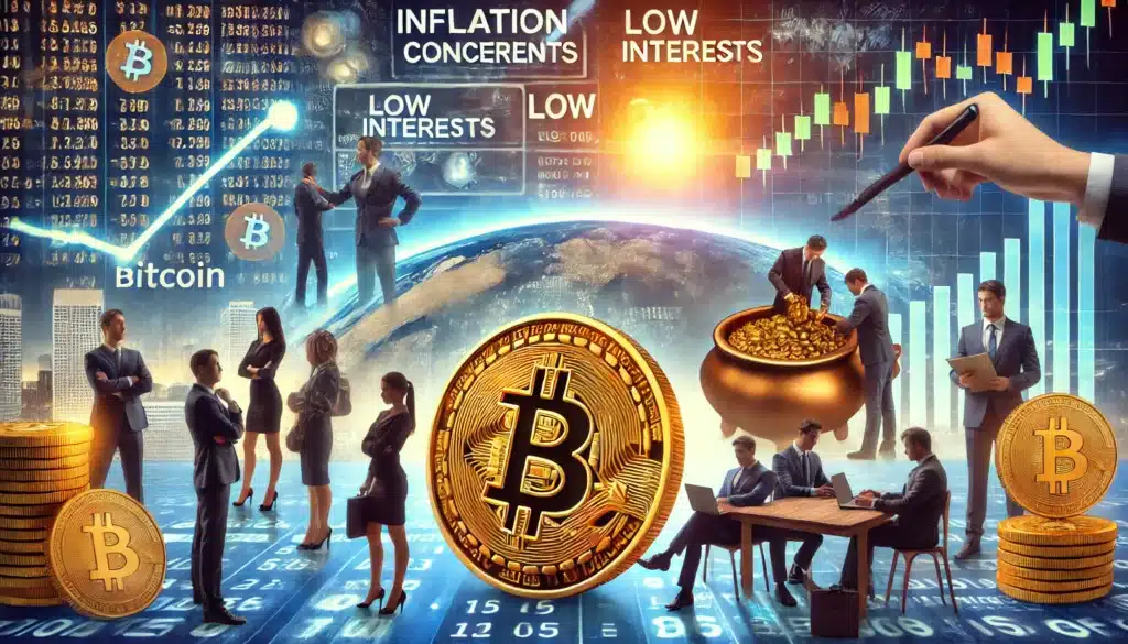 A surreal collage featuring Bitcoin symbols, businesspeople, and financial themes. A large Bitcoin coin is central with smaller ones throughout; people in business attire discuss and work on laptops. Background details include stock charts, digital numbers, and terms like 'Inflation Concerns' and 'Low Interests,' illustrating financial discussions and market trends.