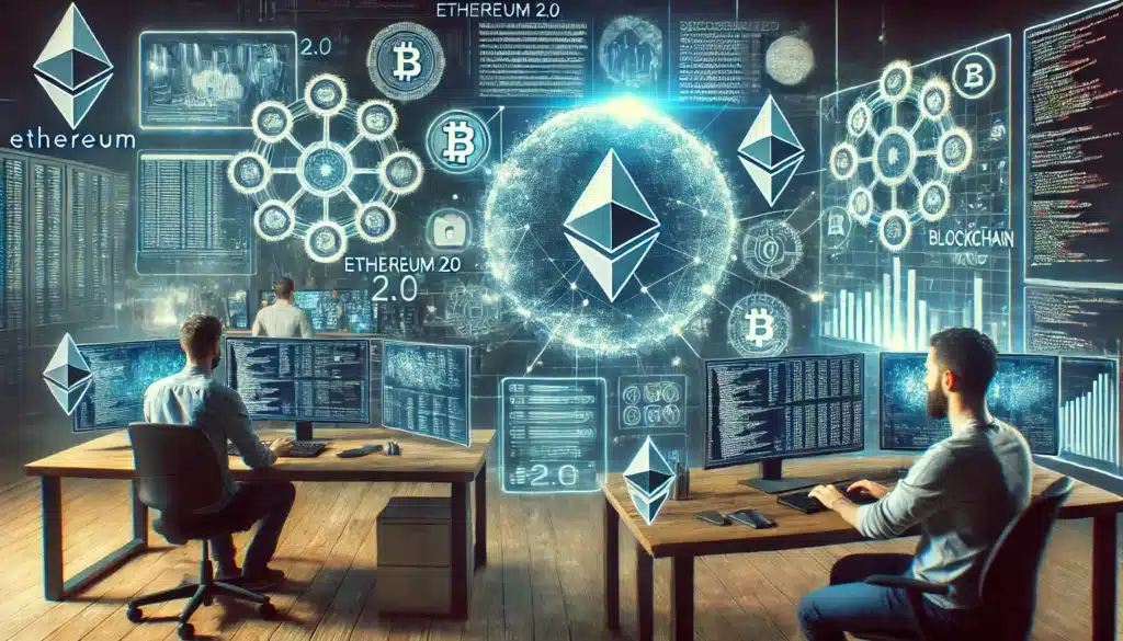 A futuristic office with three people working at desks equipped with multiple computer screens displaying blockchain and cryptocurrency data, such as Bitcoin and Ethereum symbols, interconnected diagrams, charts, and code. The background is filled with digital graphics related to Ethereum 2.0 and blockchain technology.