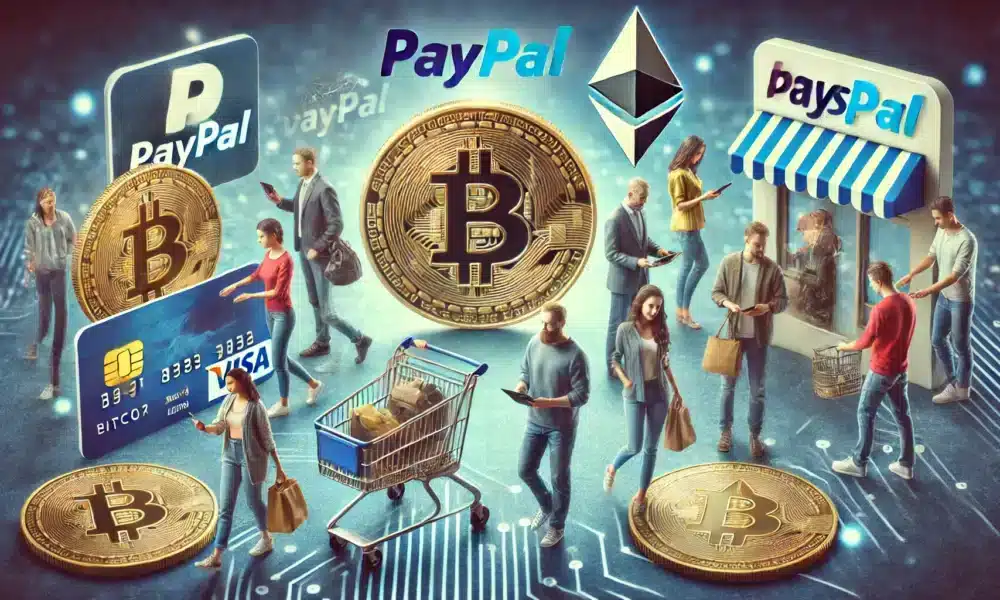DALL·E 2024 06 27 11.10.38 A photo realistic image showcasing mainstream adoption of cryptocurrencies by companies like PayPal and Visa. Show people using digital currencies for