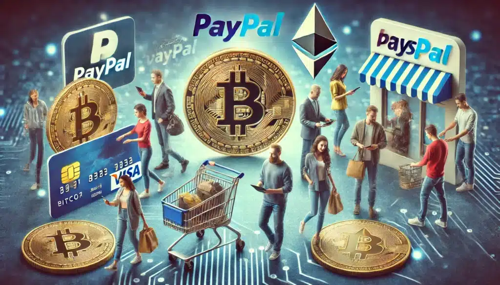 Illustration featuring people walking with digital shopping elements like Bitcoin, Ethereum, PayPal logos, a VISA card, and shopping carts, depicting online and cryptocurrency transactions.