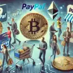 DALL·E 2024 06 27 11.10.38 A photo realistic image showcasing mainstream adoption of cryptocurrencies by companies like PayPal and Visa. Show people using digital currencies for