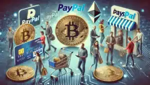 Illustration featuring people walking with digital shopping elements like Bitcoin, Ethereum, PayPal logos, a VISA card, and shopping carts, depicting online and cryptocurrency transactions.