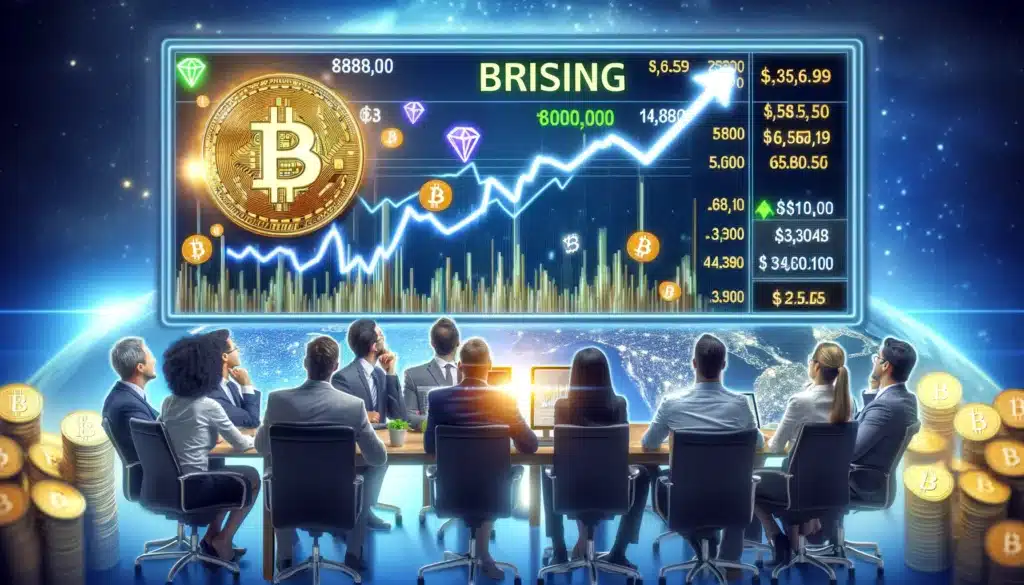 A diverse group of people seated at a conference table, watching a large digital screen displaying Bitcoin symbols, charts, and fluctuating numbers, indicating a financial analysis setting.