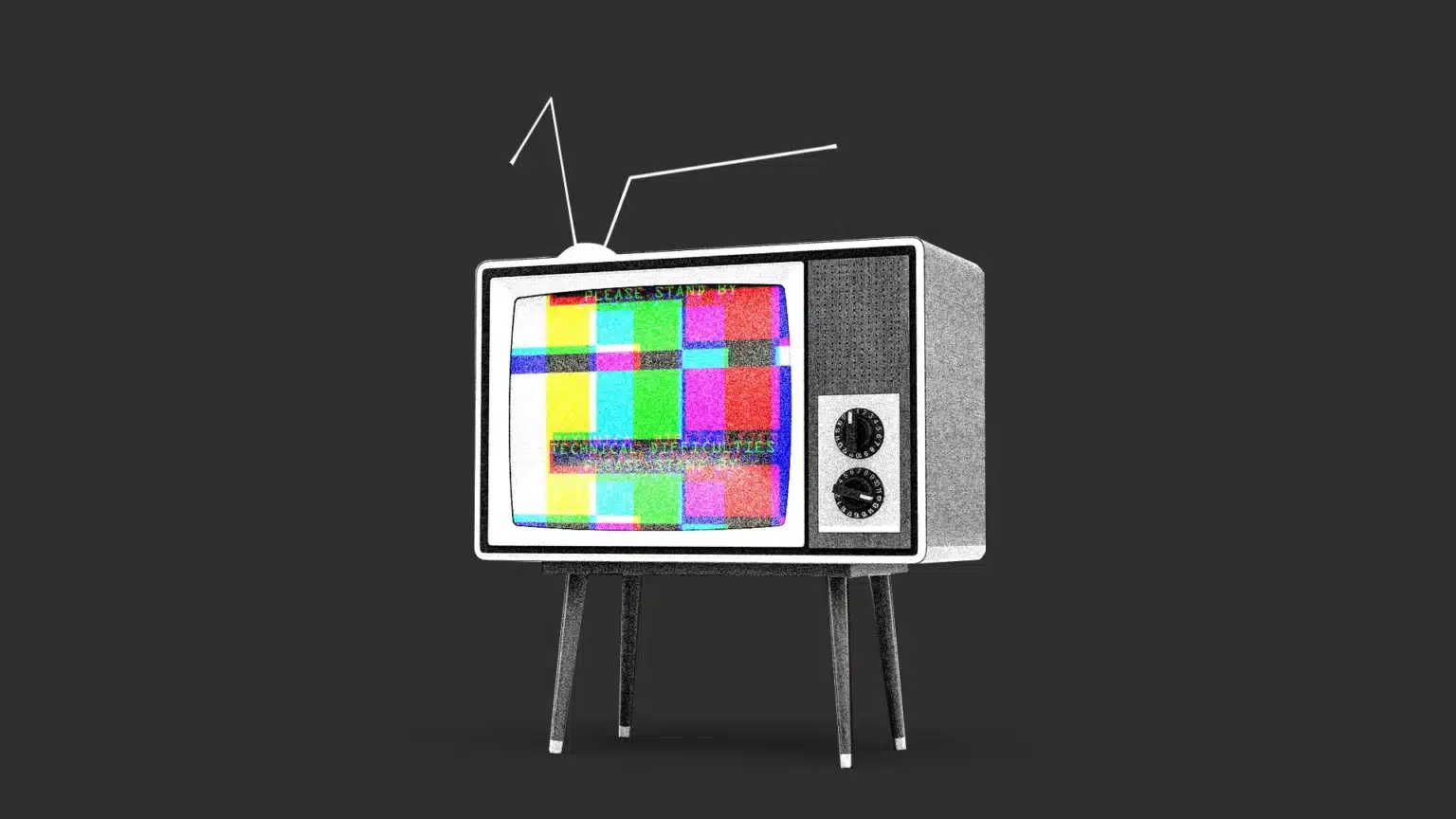 A vintage television set with an antenna displays a colorful test pattern on its screen, indicating technical difficulties. The background is dark gray, highlighting the retro style of the TV.