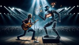 A man playing guitar and singing into a microphone on a stage, opposite a humanoid robot displaying music notes on its chest, in front of a large crowd with bright stage lights above.