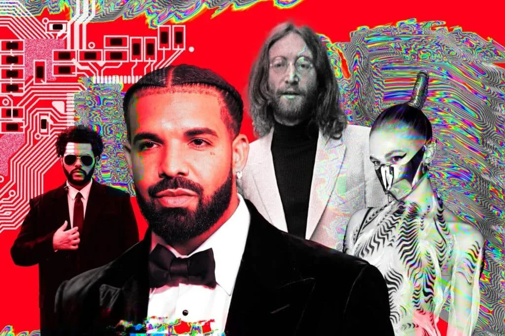 A collage featuring multiple people in formal attire, with a futuristic, glitch art style, set against a red background with circuit patterns.