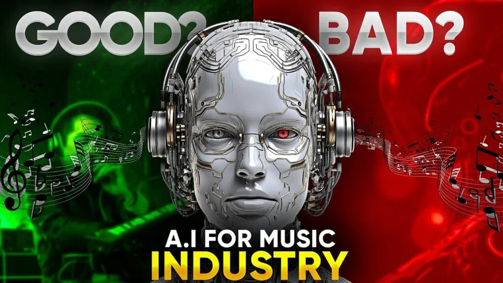 A futuristic robot head with headphones is centered between a green and red background, with musical notes flowing from each side. The text