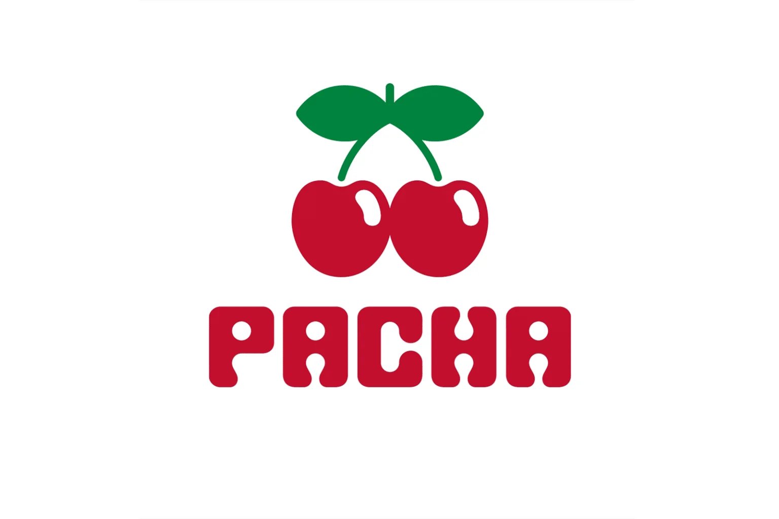 Logo featuring two red cherries with green leaves above the text "PACHA" in bold red letters on a white background.