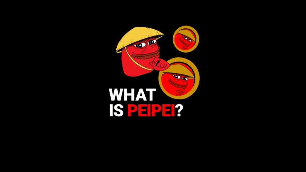 A cartoon frog character with a conical hat appears three times on a black background, with the text "WHAT IS PEIPEI?" in white and red.