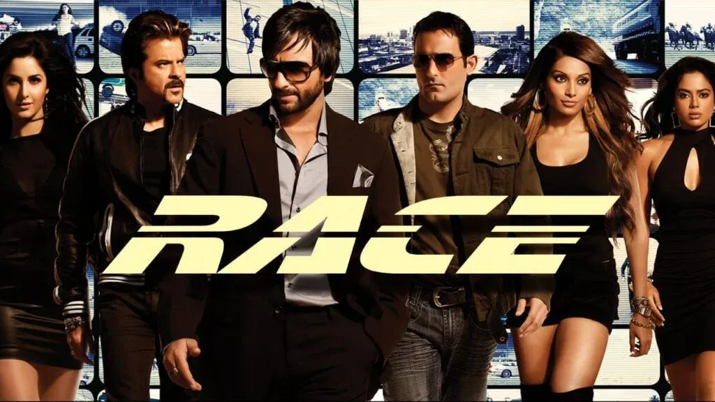 A group of stylishly dressed individuals, comprising two men and four women, stand confidently in front of a backdrop filled with action scenes and the word 'RACE' in bold letters.