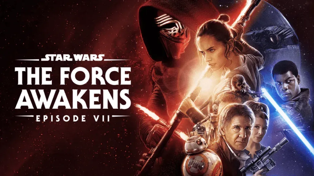 Poster of 'Star Wars: The Force Awakens' featuring a montage of characters, including a masked figure with a red lightsaber, and various spaceships in the background.