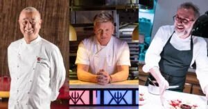 Composite image of three chefs in different settings. The first chef wears a white coat with the name "Nobu" embroidered, smiling against a warm-toned background. The second chef is leaning on a counter in a modern kitchen, wearing a white chef's jacket. The third chef is in an apron, joyfully working on a dish in a brightly lit kitchen.